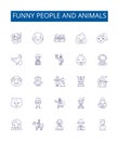 Funny people and animals line icons signs set. Design collection of Humorous, Comical, Amusing, Clowning, Witty, Waggish