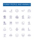 Funny people and animals line icons signs set. Design collection of Humorous, Comical, Amusing, Clowning, Witty, Waggish