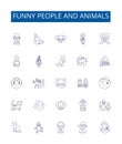 Funny people and animals line icons signs set. Design collection of Humorous, Comical, Amusing, Clowning, Witty, Waggish