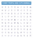 Funny people and cute animals line icons, signs set. Humorous, Furry, Adorable, Amusing, Grinning, Playful, Charming