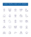 Funny people and cute animals line icons signs set. Design collection of Humorous, Furry, Adorable, Amusing, Grinning
