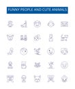 Funny people and cute animals line icons signs set. Design collection of Humorous, Furry, Adorable, Amusing, Grinning