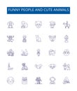 Funny people and cute animals line icons signs set. Design collection of Humorous, Furry, Adorable, Amusing, Grinning