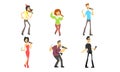 Funny People Emotionally Singing with Microphone, Man and Woman Singing Karaoke at Party Vector Illustration Royalty Free Stock Photo