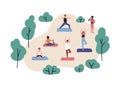 Funny people practicing yoga in park. Group of cute men and women performing gymnastic exercise outdoor. Aerobics Royalty Free Stock Photo