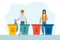 Funny people putting garbage in trash cans. Sorting garbage into dumpsters or barrels. A set of happy women practicing garbage Royalty Free Stock Photo