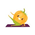 Funny pepper working out on an exercise mat, sportive vegetable cartoon character doing fitness exercise vector