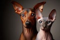 Funny pet Cat sphinx and dog close-up portrait on studio colored background. Royalty Free Stock Photo