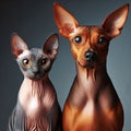 Funny pet Cat sphinx and dog close-up portrait on studio colored background. Royalty Free Stock Photo