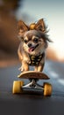 Funny pet chihuahua on a skateboard, bringing joy and entertainment