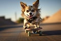 Funny pet chihuahua on a skateboard, bringing joy and entertainment