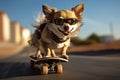 Funny pet chihuahua on a skateboard, bringing joy and entertainment