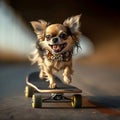 Funny pet chihuahua on a skateboard, bringing joy and entertainment