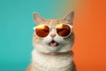funny pet portrait neon cat cute colourful sunglasses animal fashion. Generative AI.