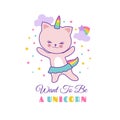 Funny pet white cat unicorn. Cute vector graphics for little girl t-shirts Royalty Free Stock Photo