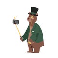 Funny picture bear photographer mamal person take selfie stick in his hand and cute animal taking a selfie together with