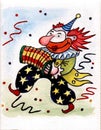 Funny picture. Drawing, watercolor on paper. The clown plays the harmonica.