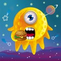 Funny picture of a fat funny alien with a hamburger
