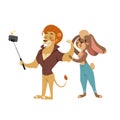 Funny picture photographer mamal person take selfie stick in his hand and cute animal taking a selfie together Royalty Free Stock Photo
