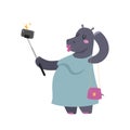 Funny picture photographer mamal person take selfie stick in his hand and cute hippo animal taking a selfie together Royalty Free Stock Photo