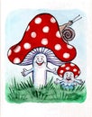 Funny picture. Watercolor on paper. Light blue background. Two mushrooms and a snail.