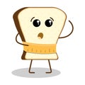 Funny piece of bread character with surprised face expression measuring waist with measuring tape. Diet and proper nutrition,