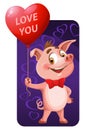 Funny pig as symbol of New Year 2019 holds heart shape balloon for Valentines day Royalty Free Stock Photo