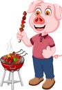 Funny pig cartoon making satay