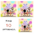 Funny pig with cat illustration. Find 10 differences.