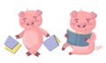 Funny Pig Doing Shopping and Reading Book Vector Set