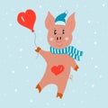 Funny pig with heart balloon on blue snow background illustration drawn by hand. Digital painting Royalty Free Stock Photo