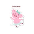 Funny pig listens to music.