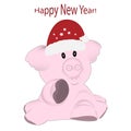 Funny pig. Merry Christmas and Happy New Year greeting card with a cute piggy wearing a Santa Claus hat. Animal rest cartoon Royalty Free Stock Photo