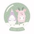 Funny pig and penguin in a snow globe Royalty Free Stock Photo