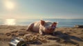 funny Pig resting on the beach, sea view, ocean. Vacation