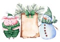 Funny pig and snowman, parchment greeting card with Christmas decoration.