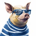 Funny Pig In Stylish Glasses And Blue Striped Sweater