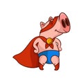 Funny pig superhero standing in heroic posture. Animal in red cape and mask. Cartoon vector design