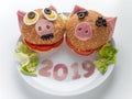 Funny piggies new year ham burgers, lettuce salad and 2019 digits on the plate