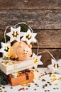 Funny piggy Bank with money symbol of new year 2019 on the background of fir branches decorated with lights and shiny stars on Royalty Free Stock Photo