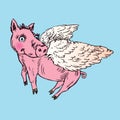 Funny piggy with lovely angel wings, hand drawn doodle, sketch