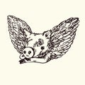 Funny piggy portrait with lovely angel wings, hand drawn doodle, sketch in