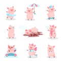 Funny pigs activity set, cute piglets cartoon characters in different situations vector Illustration on a white Royalty Free Stock Photo