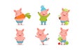 Funny Pigs Characters Biting Big Carrot and Watering Plant Vector Set