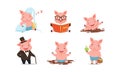 Funny Pigs Characters Sleeping on Pillows and Reading Book Vector Set