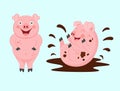 Funny pigs. A dirty little pig is playing in a puddle. Vector illustration Royalty Free Stock Photo