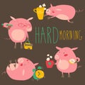 Funny pigs about hard awaking with coffee mugs