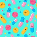 Funny pills seamless pattern. Red yellow cute smiling medicines pink blue antibiotic capsules. Royalty Free Stock Photo