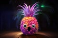 Funny pineapple character with eyes and mouth on wooden table in dark room, pinaple hacking toll attacking wifi, AI Generated