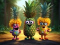 Funny pineapple family in the jungle. 3D rendering. Toned. Summer vacation concept. AI Generated